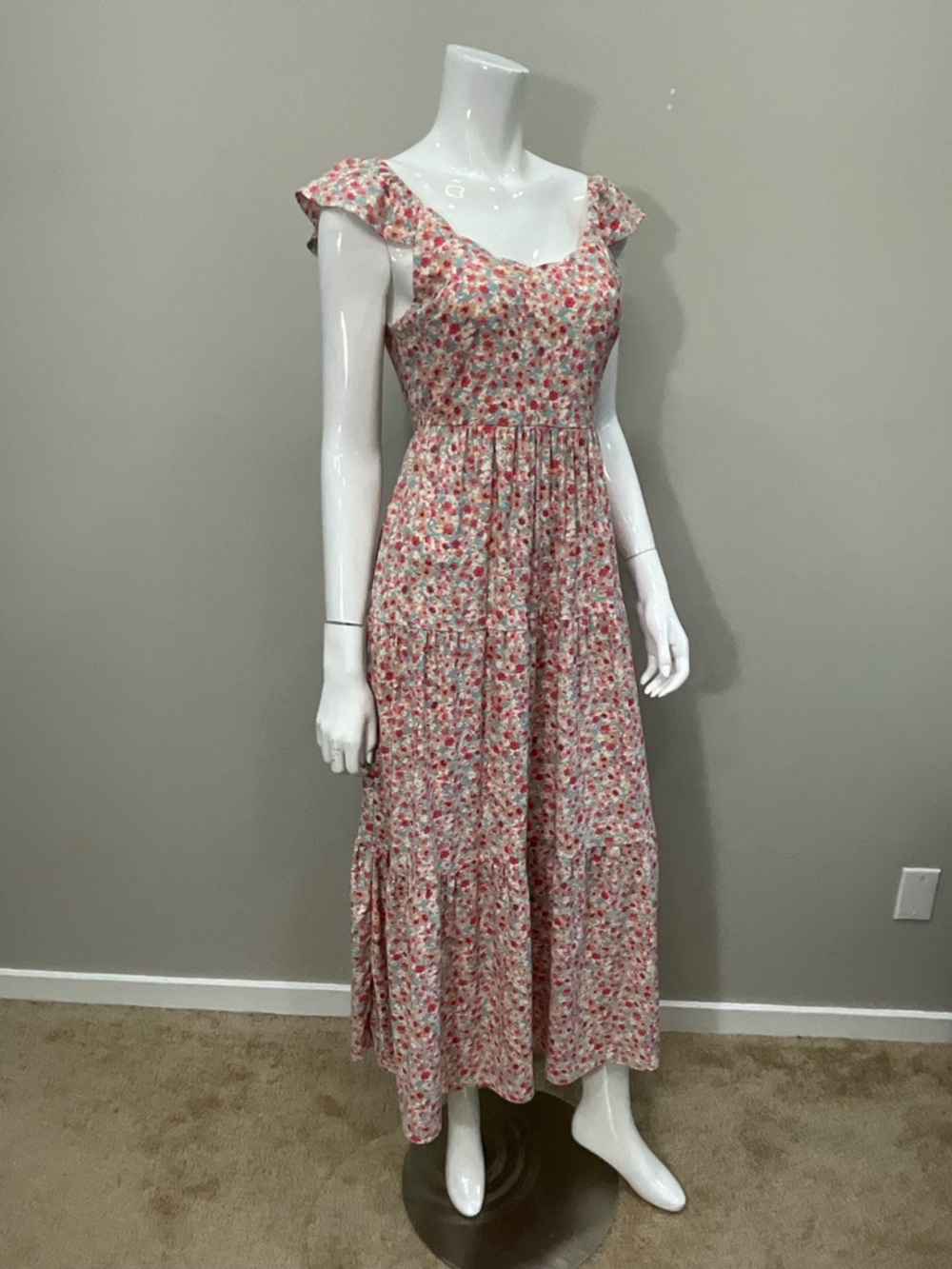 MONTEAU LOS ANGELES Pink Floral Maxi Dress Cottagecore Prairie Ruffle Sleeve M